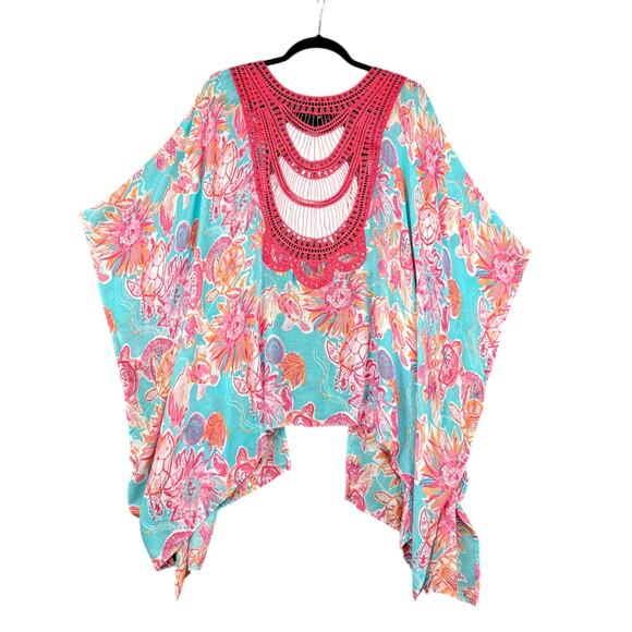 Charlie Paige Tropical Crochet Neckline Open Batwing Sleeves Kimono Beach OS - Picture 2 of 5